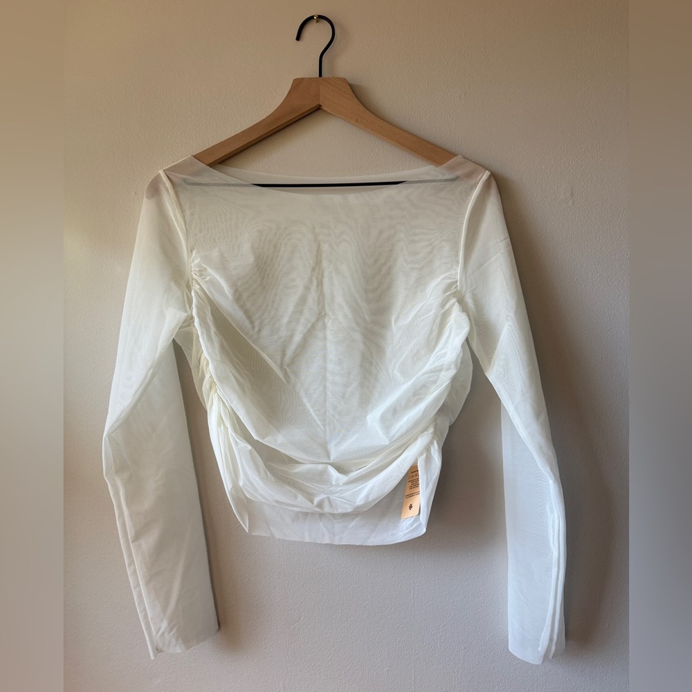 White Mesh Ruched Women's Blouse Sz L